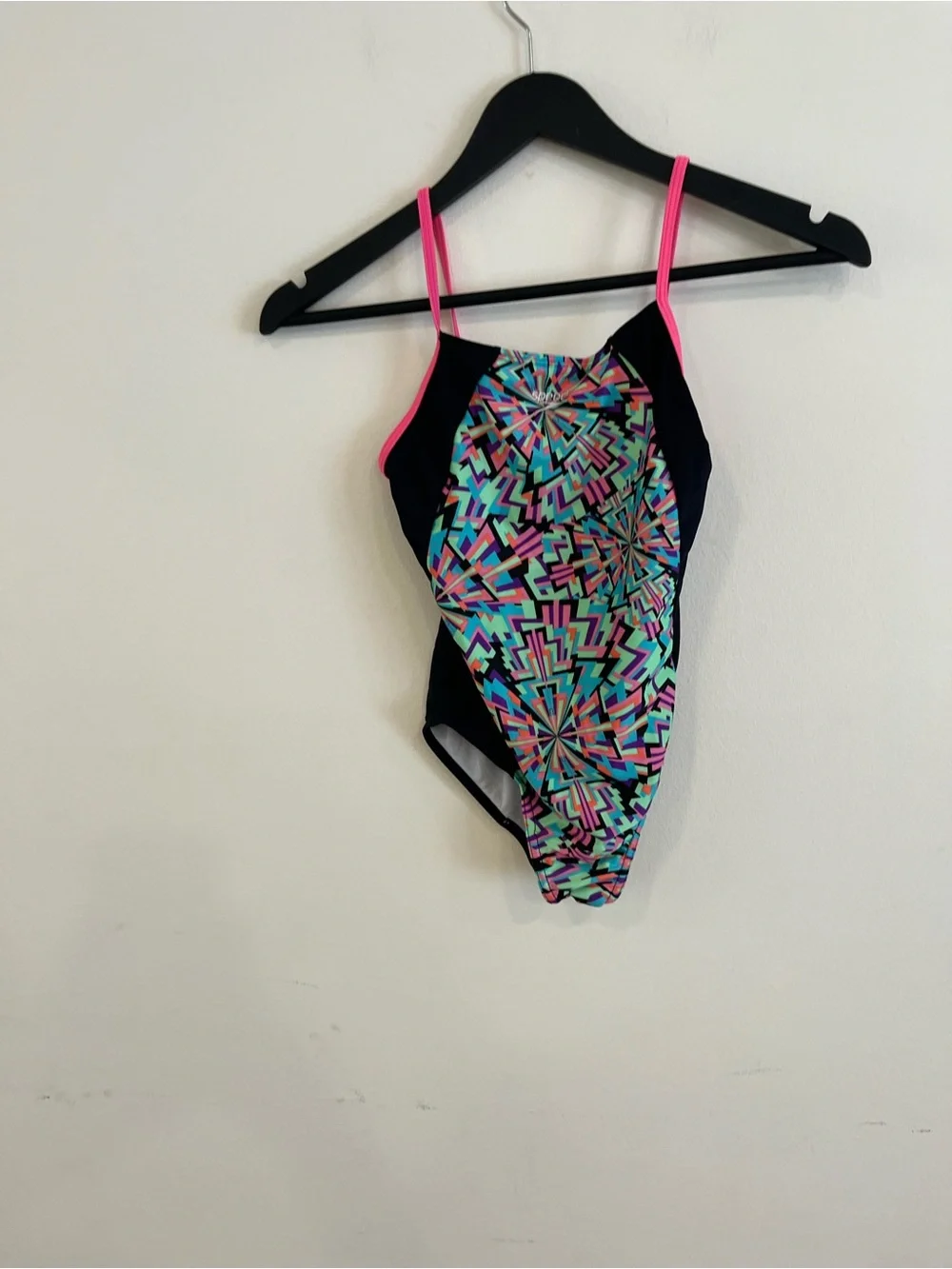 Speedo girls Black Geometric One-Piece Swimsuit with Pink Straps